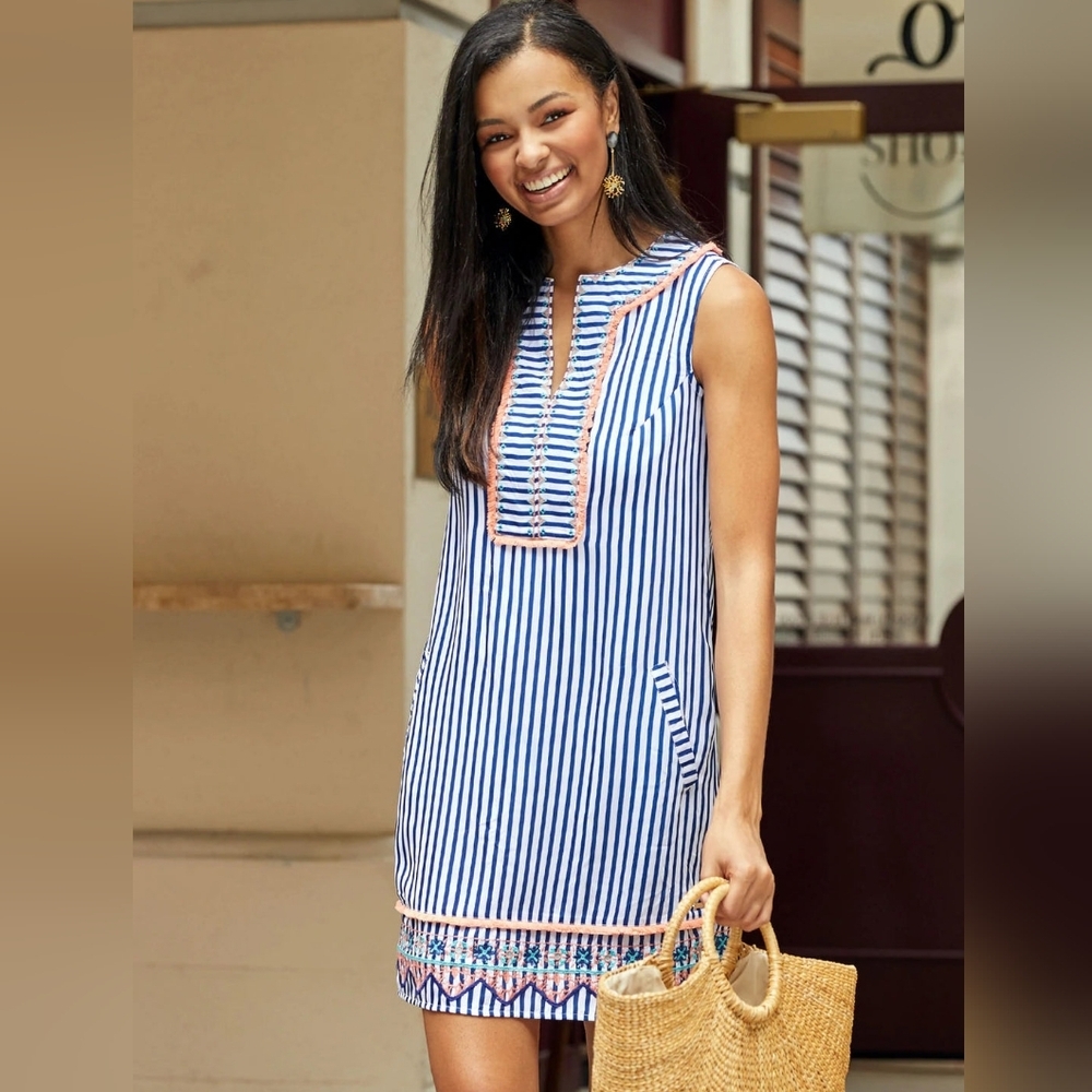 CABANA LIFE Embroided- Blue/White Striped Pockets Sleeveless Mini Dress UPF50 +